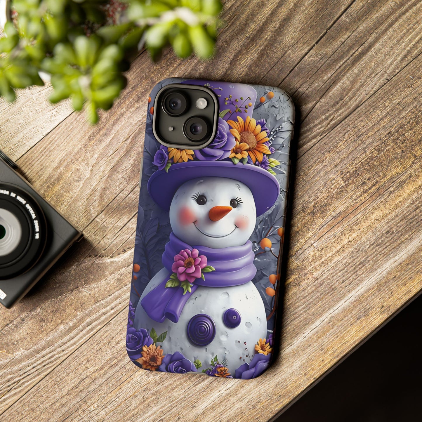 Cheerful Snowman With Colorful Floral Hat And Scarf phone case design