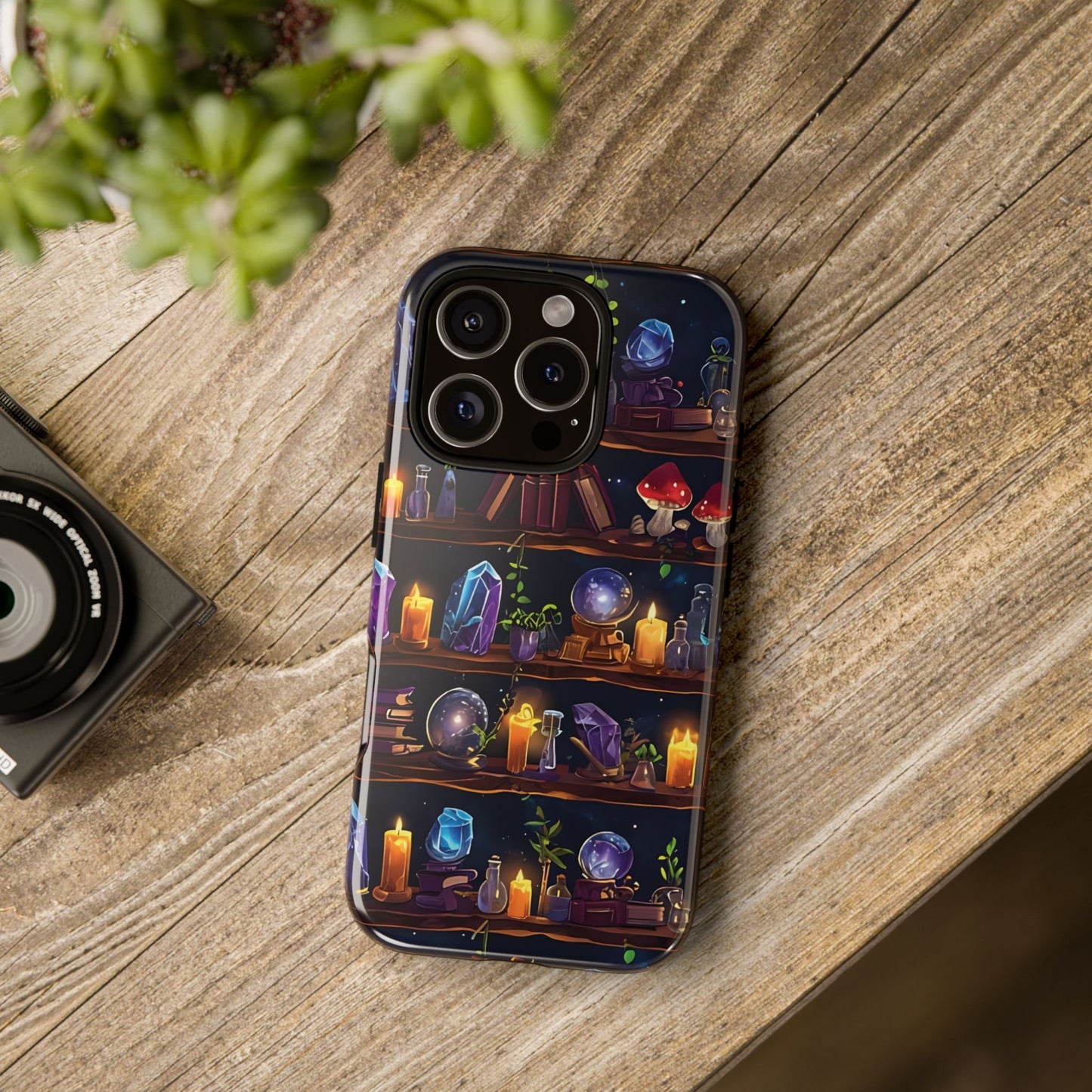 Fantasy Seamless Pattern Of Wooden Shelves Filled With Mystical Items phone case design.