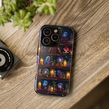 Fantasy Seamless Pattern Of Wooden Shelves Filled With Mystical Items phone case design.