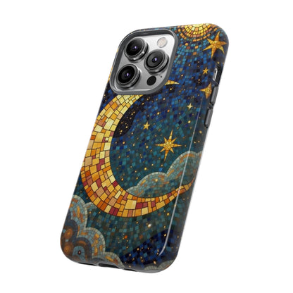 Golden Crescent: Mosaic Moon and Starry Night