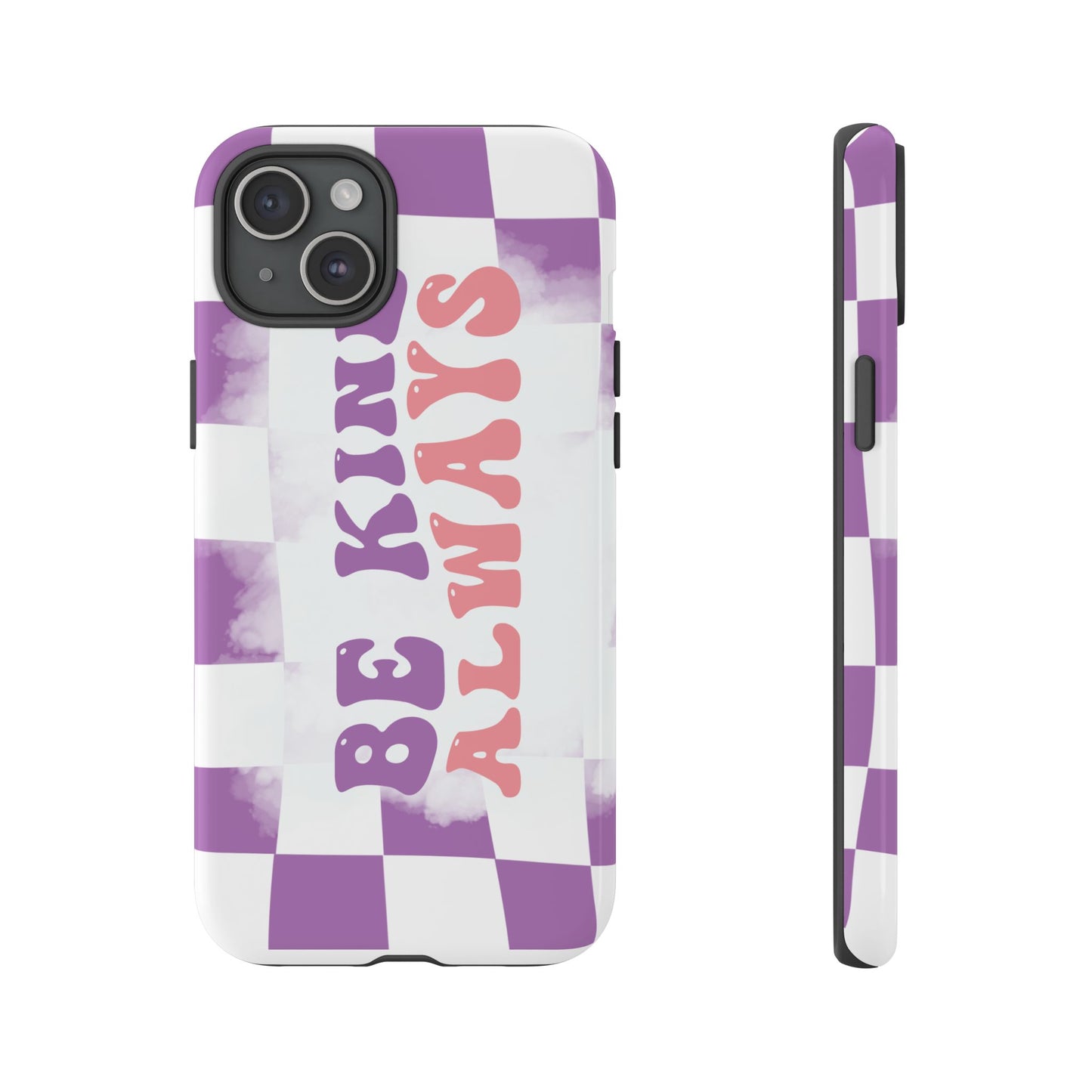 Be Kind Always Phone Case, Motivational Quote Cover for iPhone, Samsung & Google Pixel White Purple Checkered Pattern Phone Cover, Wavy Text Case, Kindness Phone Case, Inspirational Gift