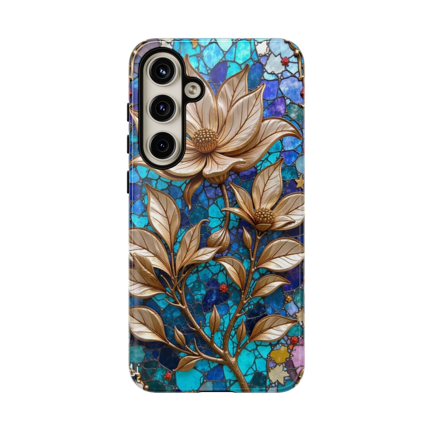 Golden Blossoms on Mosaic Blue Elegance