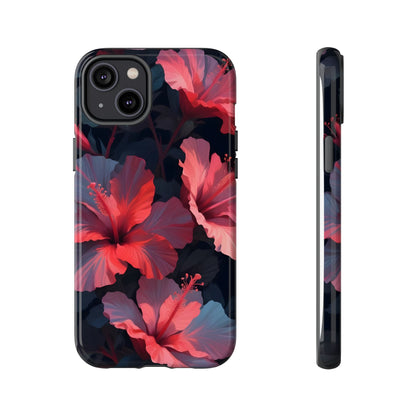 Vibrant red and pink hibiscus flowers blooming against a dark background| Floral phone case design
