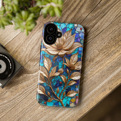 Golden Blossoms on Mosaic Blue Elegance