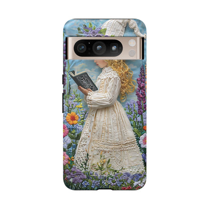 Whimsical Embroidery Of A Girl Reading In A Garden phone case design.