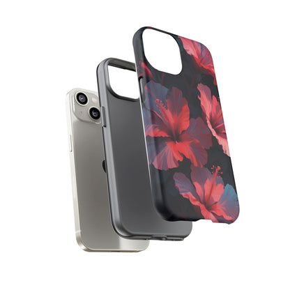 Vibrant red and pink hibiscus flowers blooming against a dark background| Floral phone case design