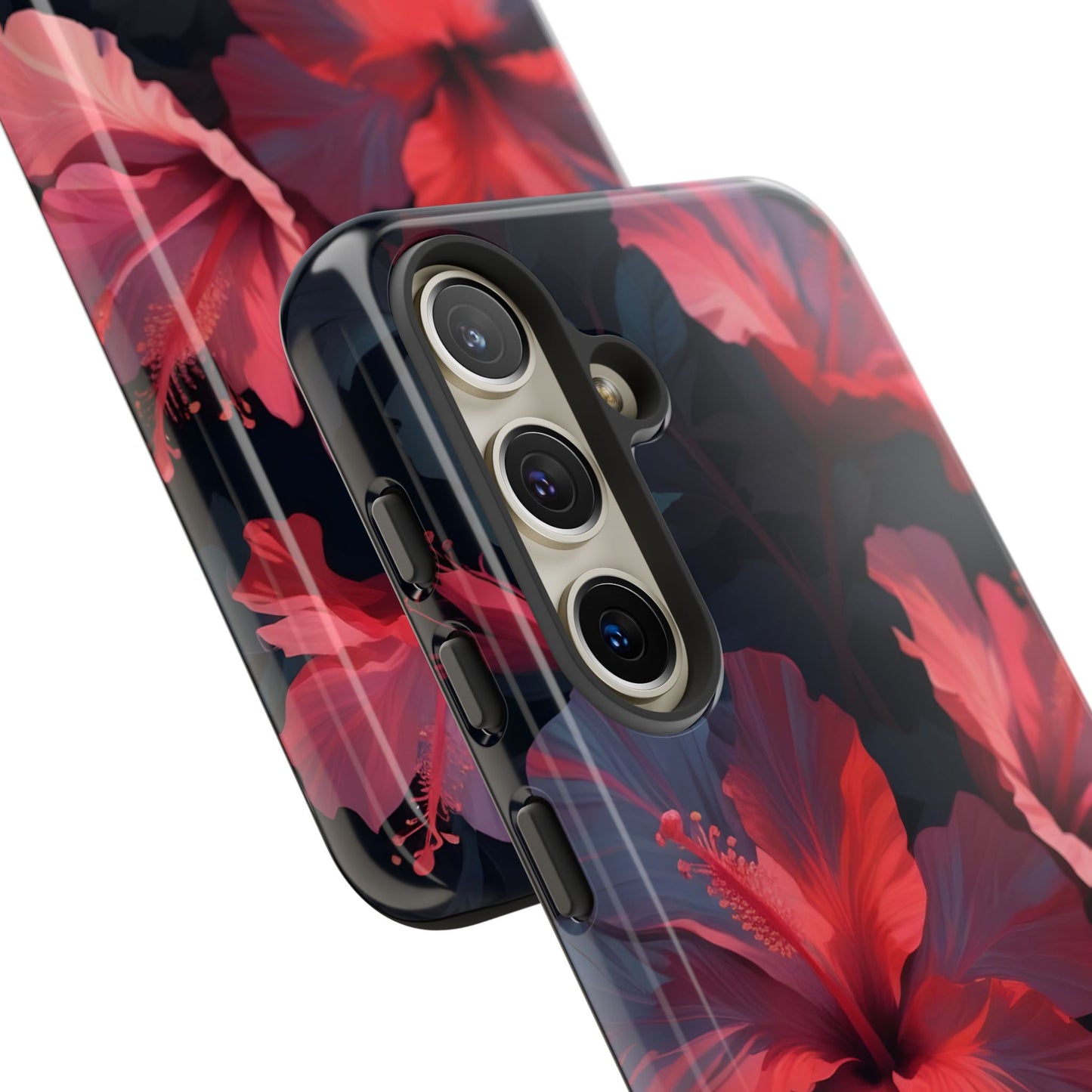 Vibrant red and pink hibiscus flowers blooming against a dark background| Floral phone case design