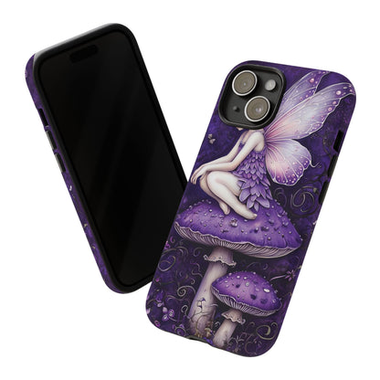 Whimsical Fairy Seated On Purple Mushroom In Enchanting Scene phone case design.
