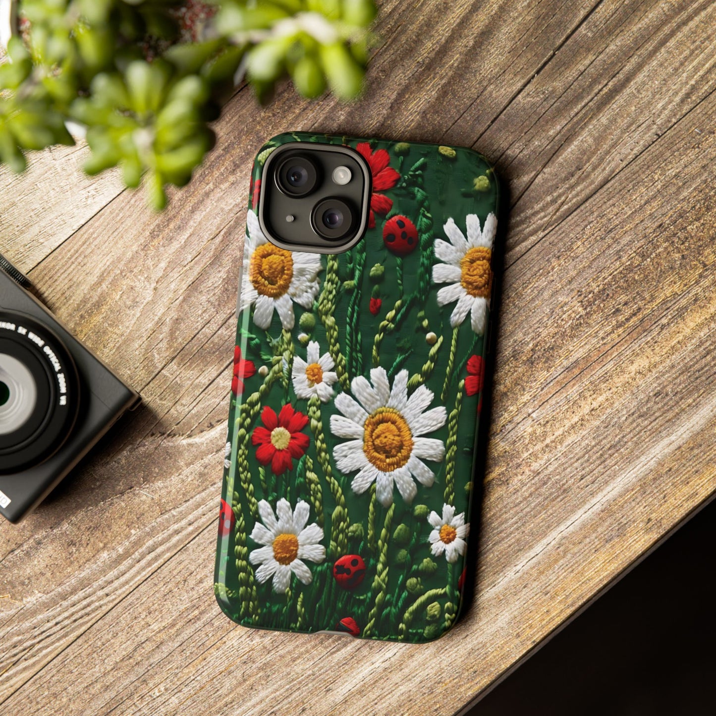 Intricate Embroidered Fabric Featuring Daisies And Ladybugs phone case design