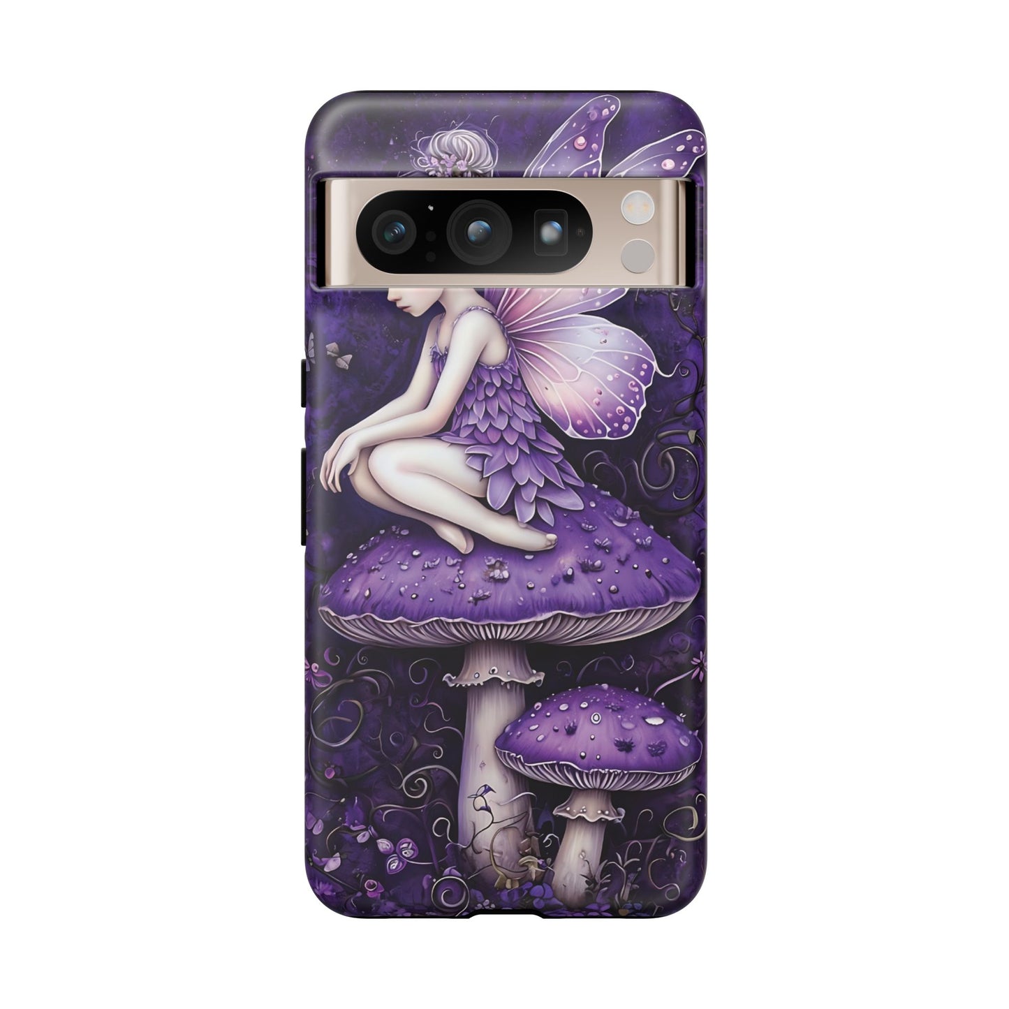 Whimsical Fairy Seated On Purple Mushroom In Enchanting Scene phone case design.