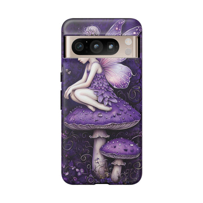 Whimsical Fairy Seated On Purple Mushroom In Enchanting Scene phone case design.