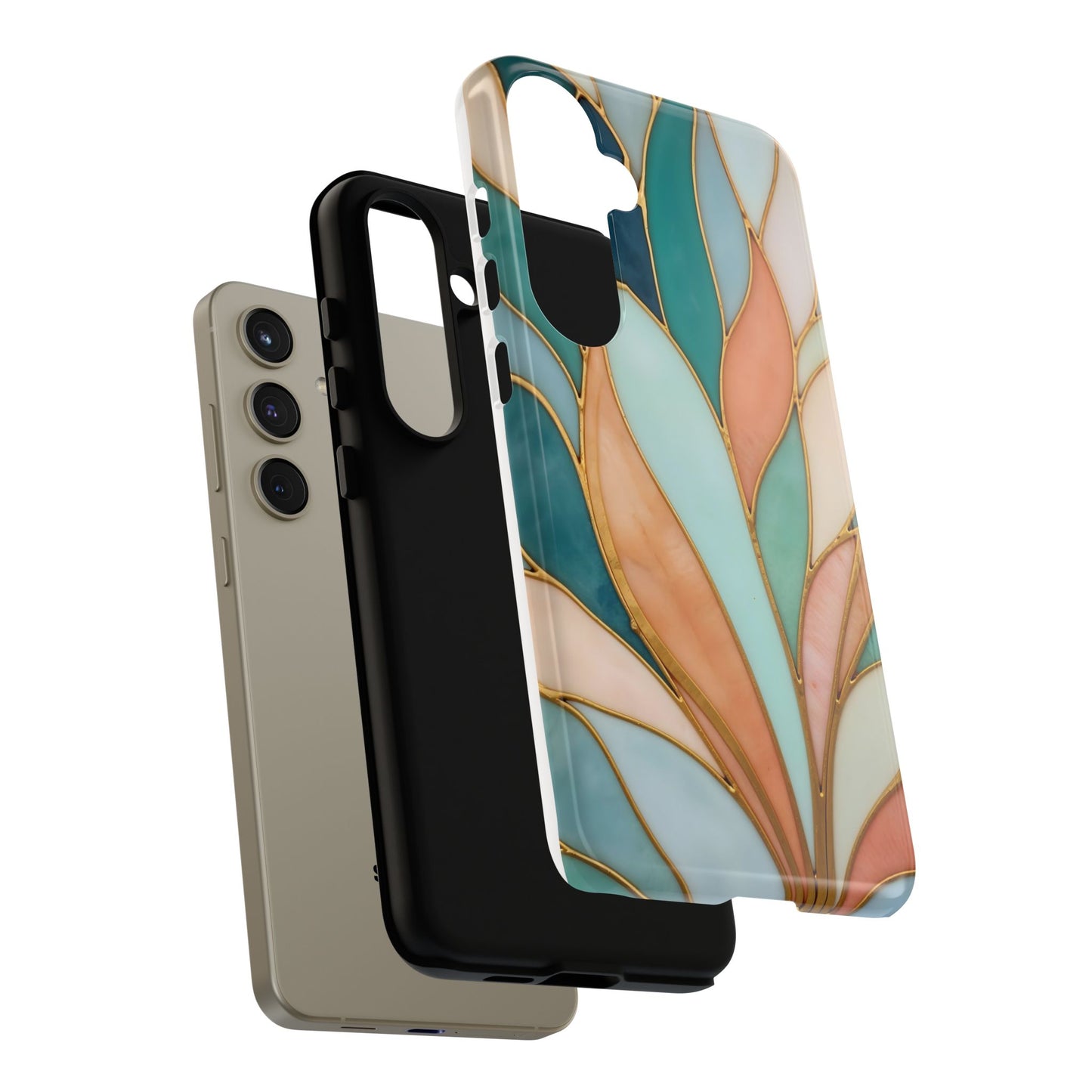 Geometric Leaves: Teal, Peach, and Gold Harmony