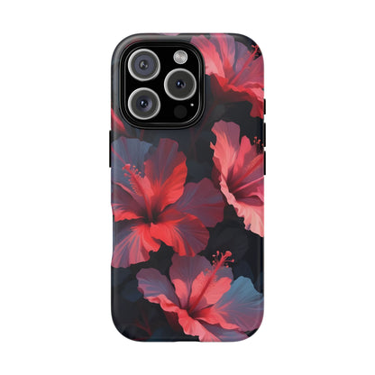 Vibrant red and pink hibiscus flowers blooming against a dark background| Floral phone case design