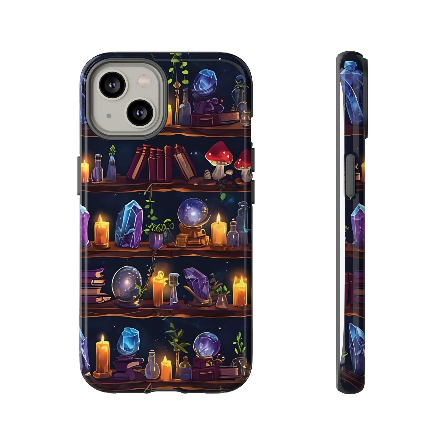 Fantasy Seamless Pattern Of Wooden Shelves Filled With Mystical Items phone case design.