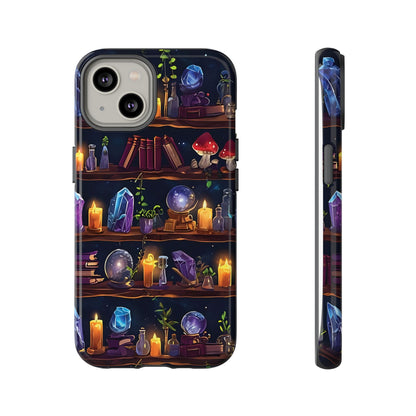 Fantasy Seamless Pattern Of Wooden Shelves Filled With Mystical Items phone case design.
