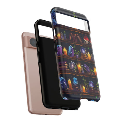 Fantasy Seamless Pattern Of Wooden Shelves Filled With Mystical Items phone case design.
