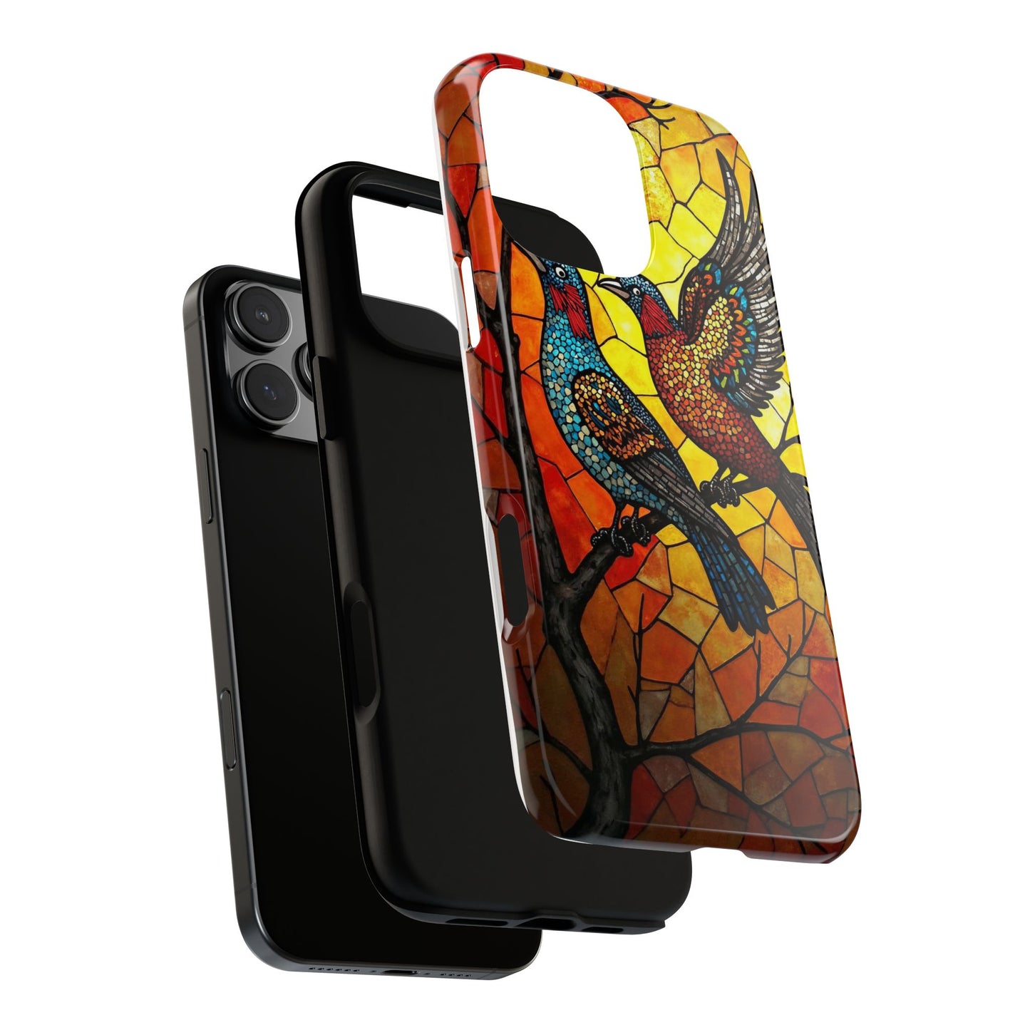 Vibrant Hummingbirds with Stained Glass Charm