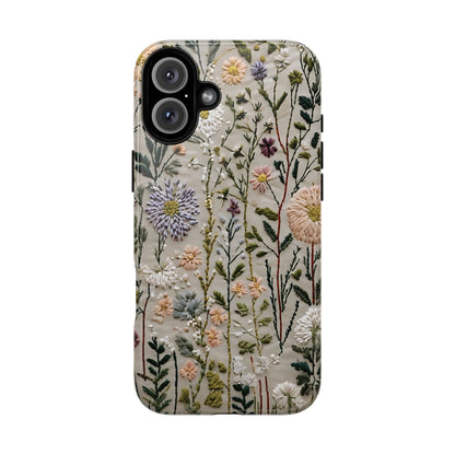 Intricate Embroidery Artwork Featuring Botanical Elements On Beige phone case design.