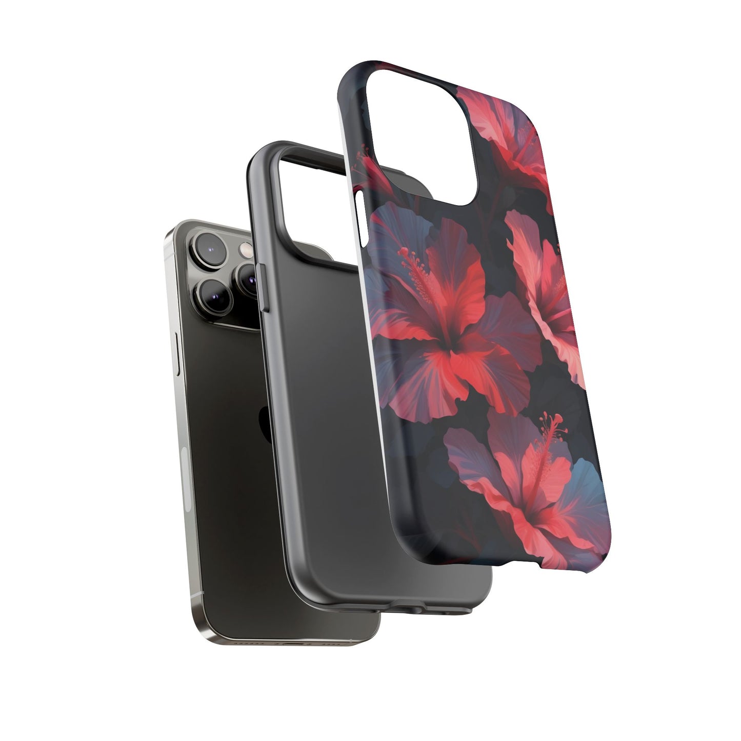 Vibrant red and pink hibiscus flowers blooming against a dark background| Floral phone case design