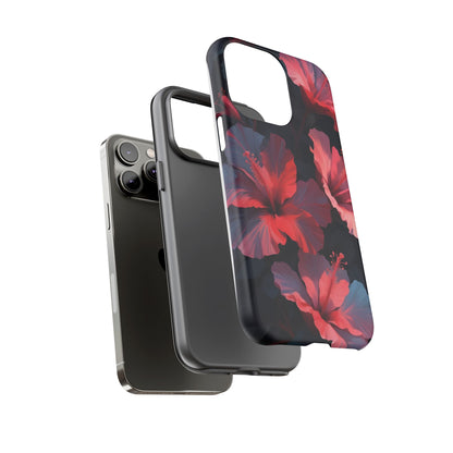 Vibrant red and pink hibiscus flowers blooming against a dark background| Floral phone case design
