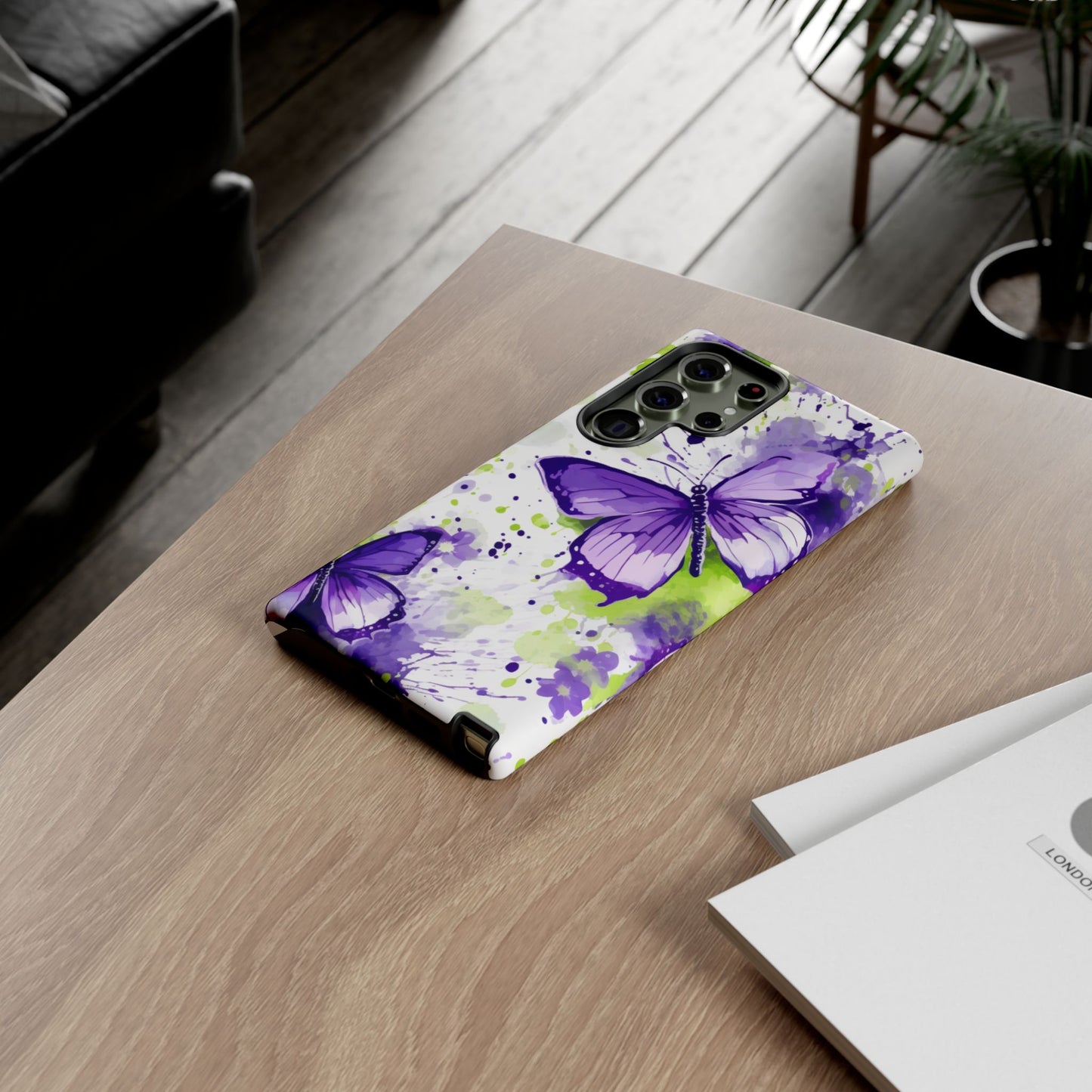 Vibrant Purple Butterfly Splash Mobile Cover – Artistic Green & Violet Aesthetic