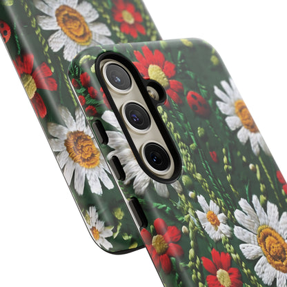 Intricate Embroidered Fabric Featuring Daisies And Ladybugs phone case design