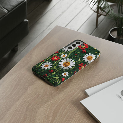 Intricate Embroidered Fabric Featuring Daisies And Ladybugs phone case design