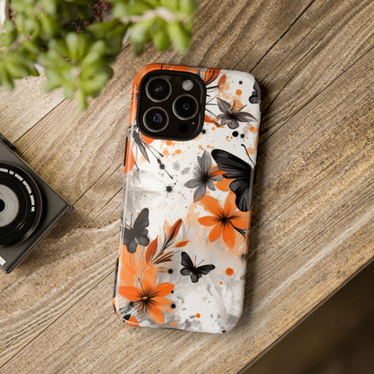 Bold Butterfly & Floral Splash Mobile Cover – Black & Orange Aesthetic