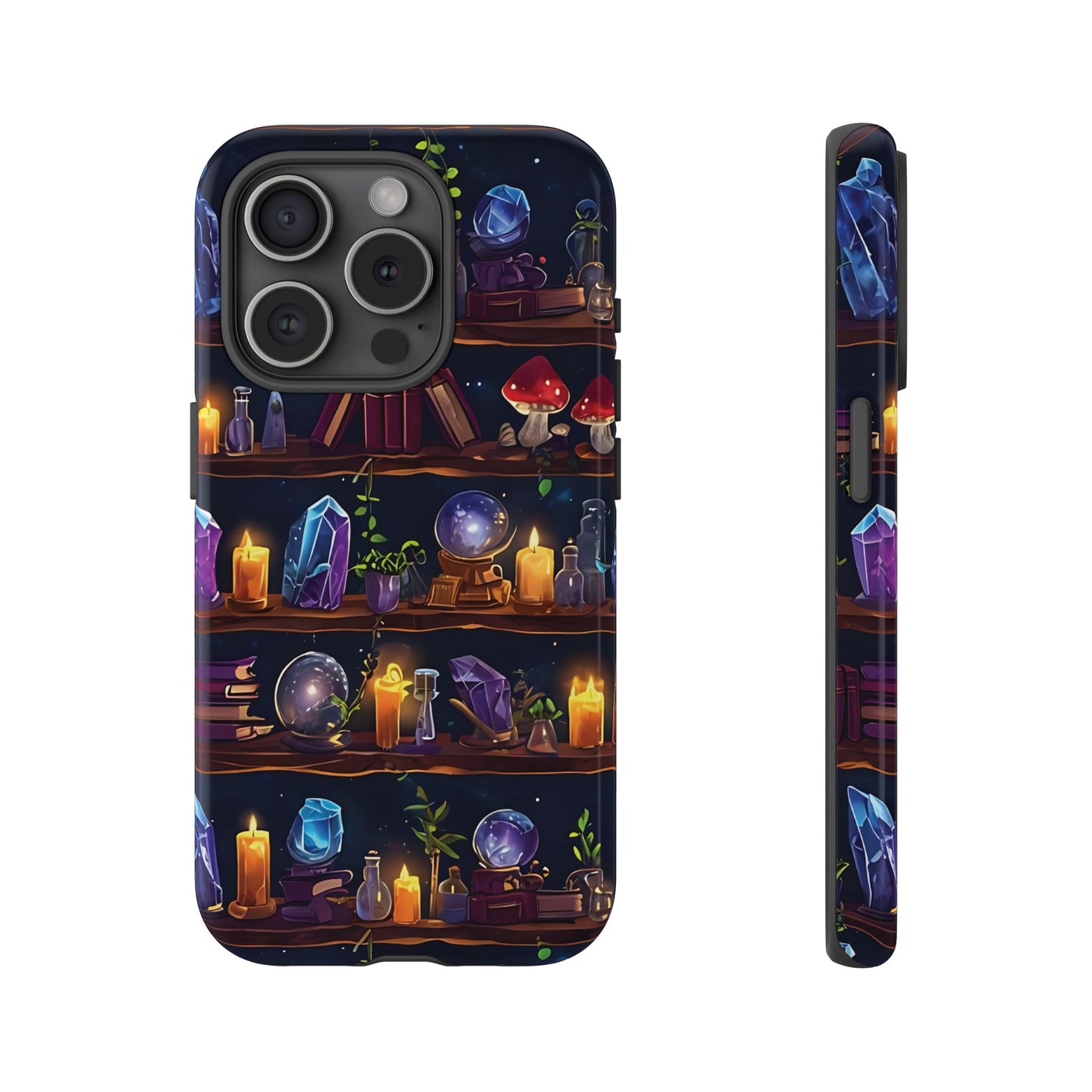 Fantasy Seamless Pattern Of Wooden Shelves Filled With Mystical Items phone case design.