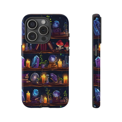 Fantasy Seamless Pattern Of Wooden Shelves Filled With Mystical Items phone case design.