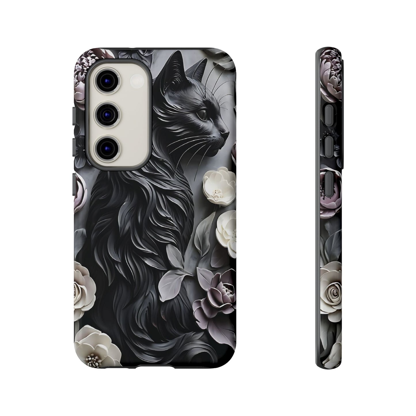 Intricate Bas-Relief Sculpture Of Black Cat Among Flowers phone case design