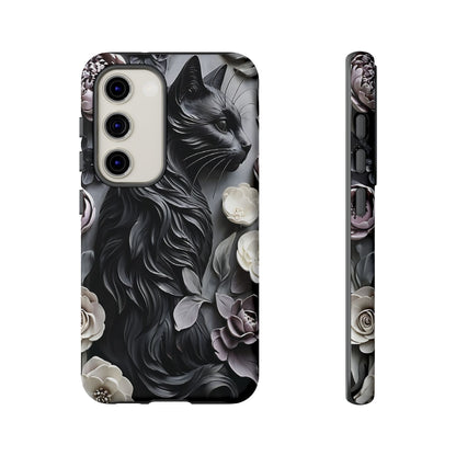 Intricate Bas-Relief Sculpture Of Black Cat Among Flowers phone case design