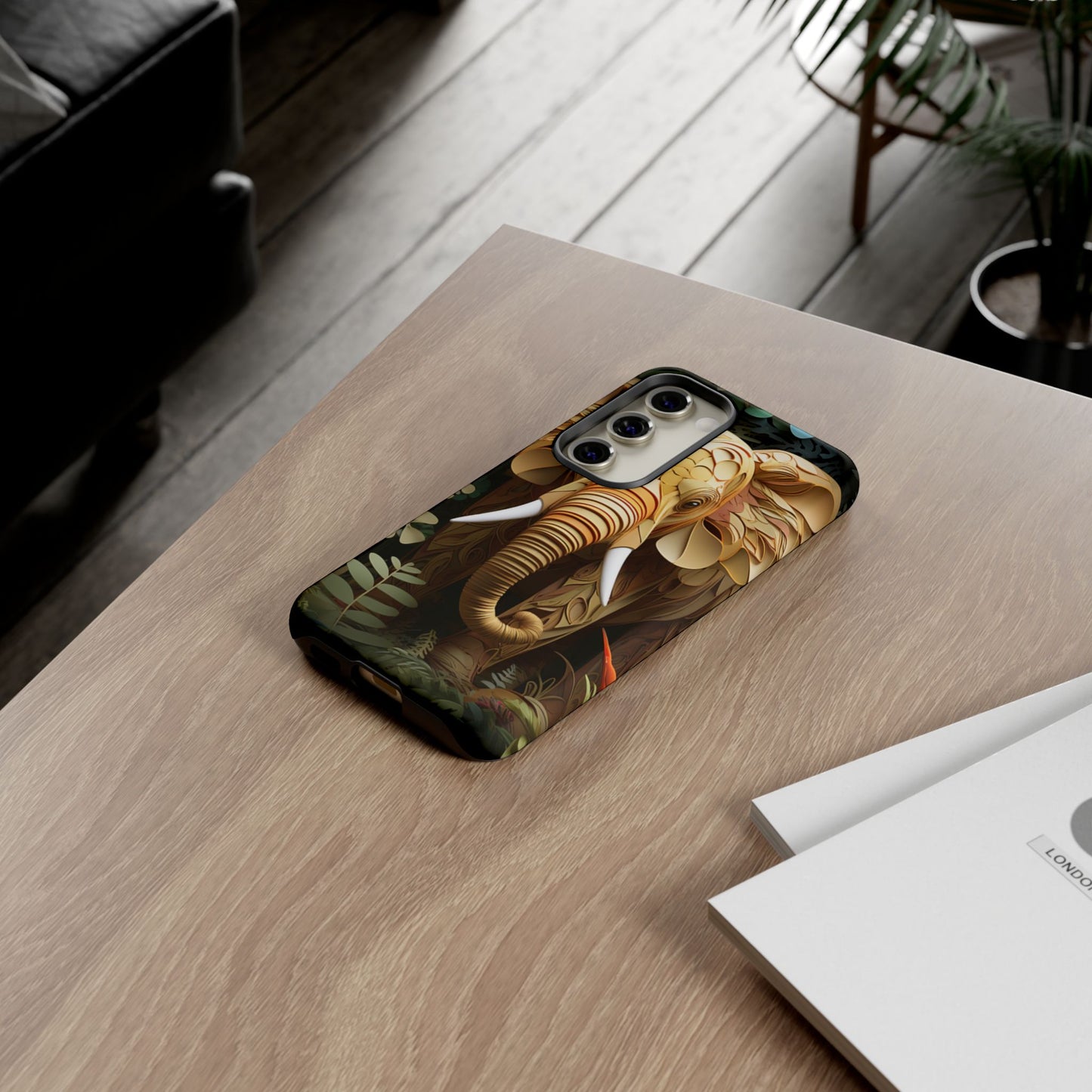 Golden Jungle Elephant Mobile Cover – Intricate Paper Art Design