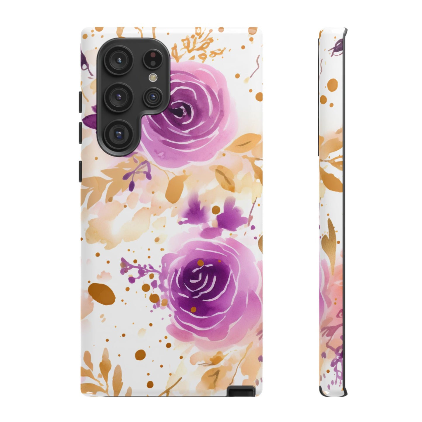 Purple Bloom Watercolor Mobile Case – Artistic Elegance in Gold & Lilac