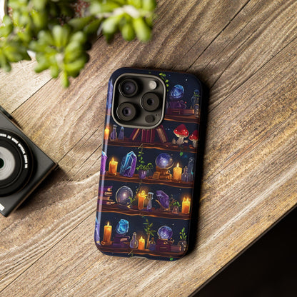 Fantasy Seamless Pattern Of Wooden Shelves Filled With Mystical Items phone case design.