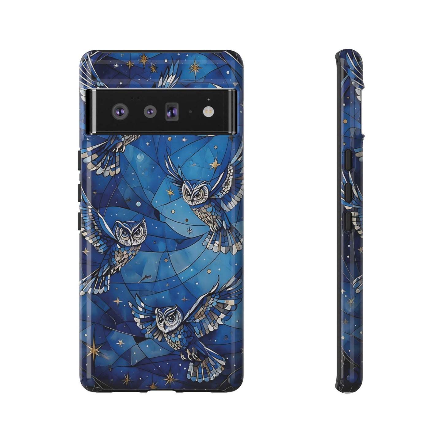 Surrealistic Owls Soaring Through A Celestial Night Sky phone case design.