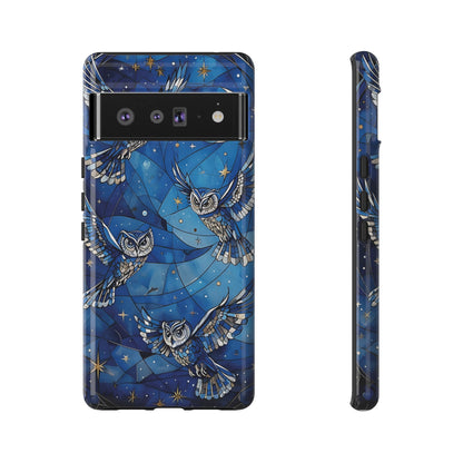 Surrealistic Owls Soaring Through A Celestial Night Sky phone case design.