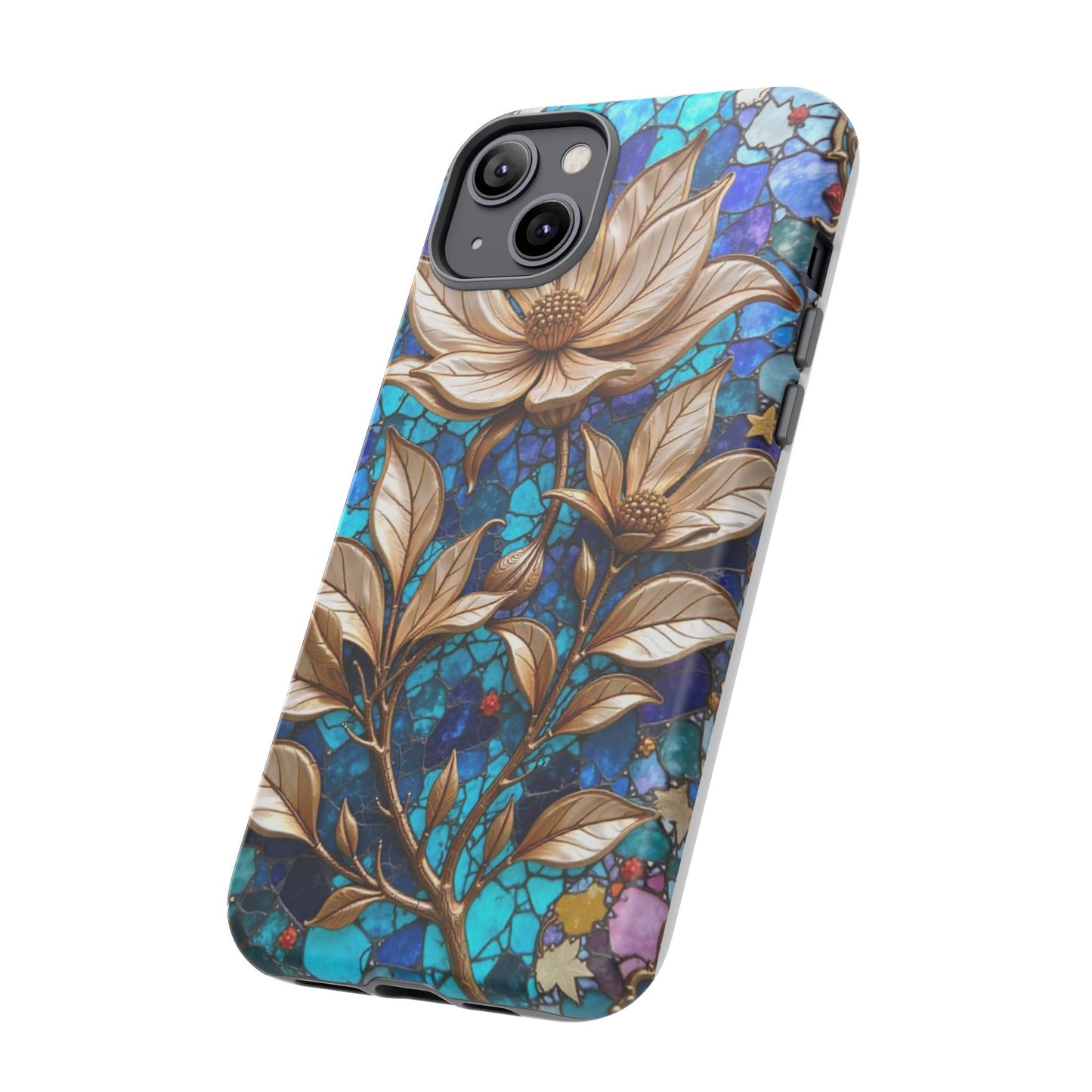 Golden Blossoms on Mosaic Blue Elegance