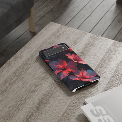 Vibrant red and pink hibiscus flowers blooming against a dark background| Floral phone case design