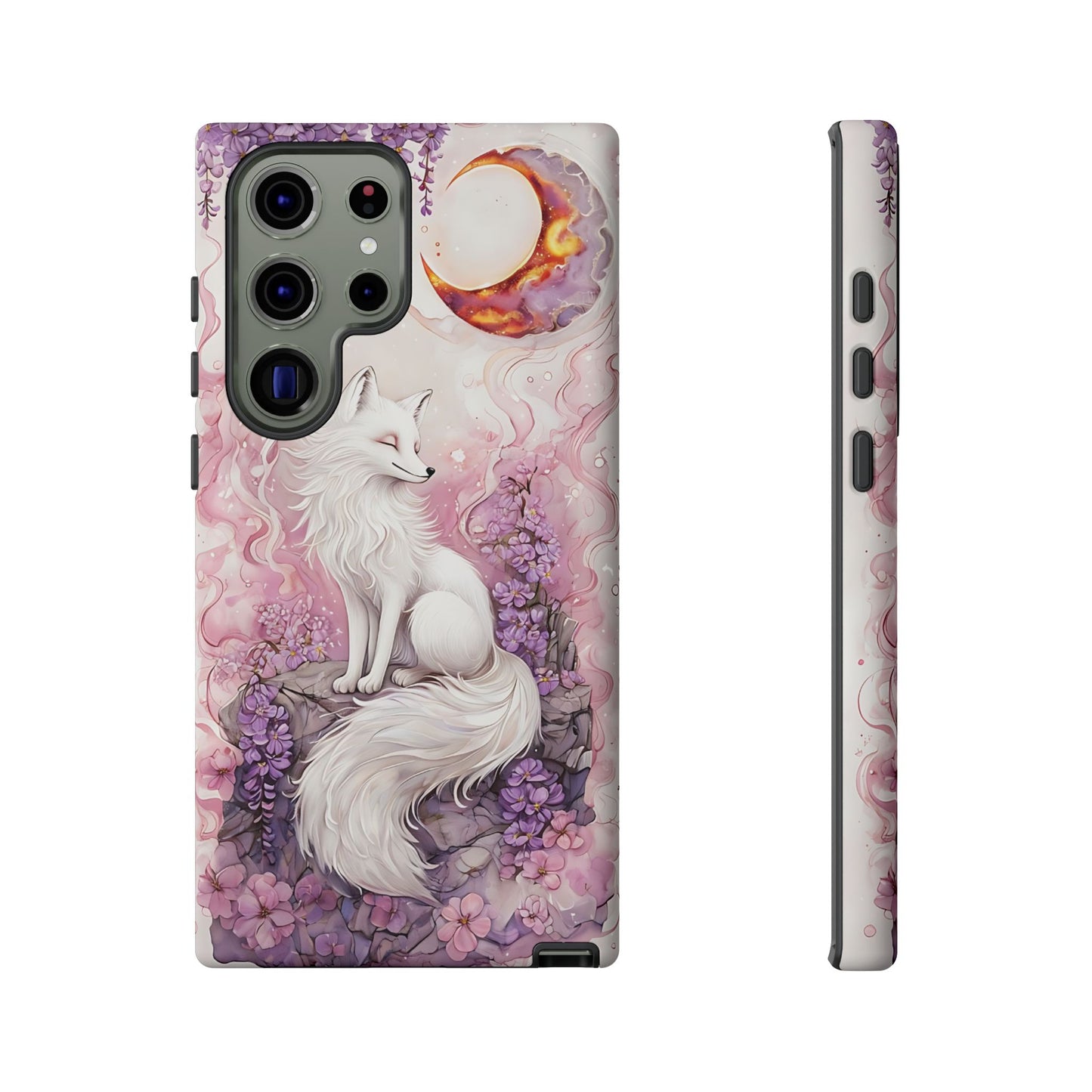 Whimsical White Fox Surrounded By Lavender And Pink Blooms phone case design.