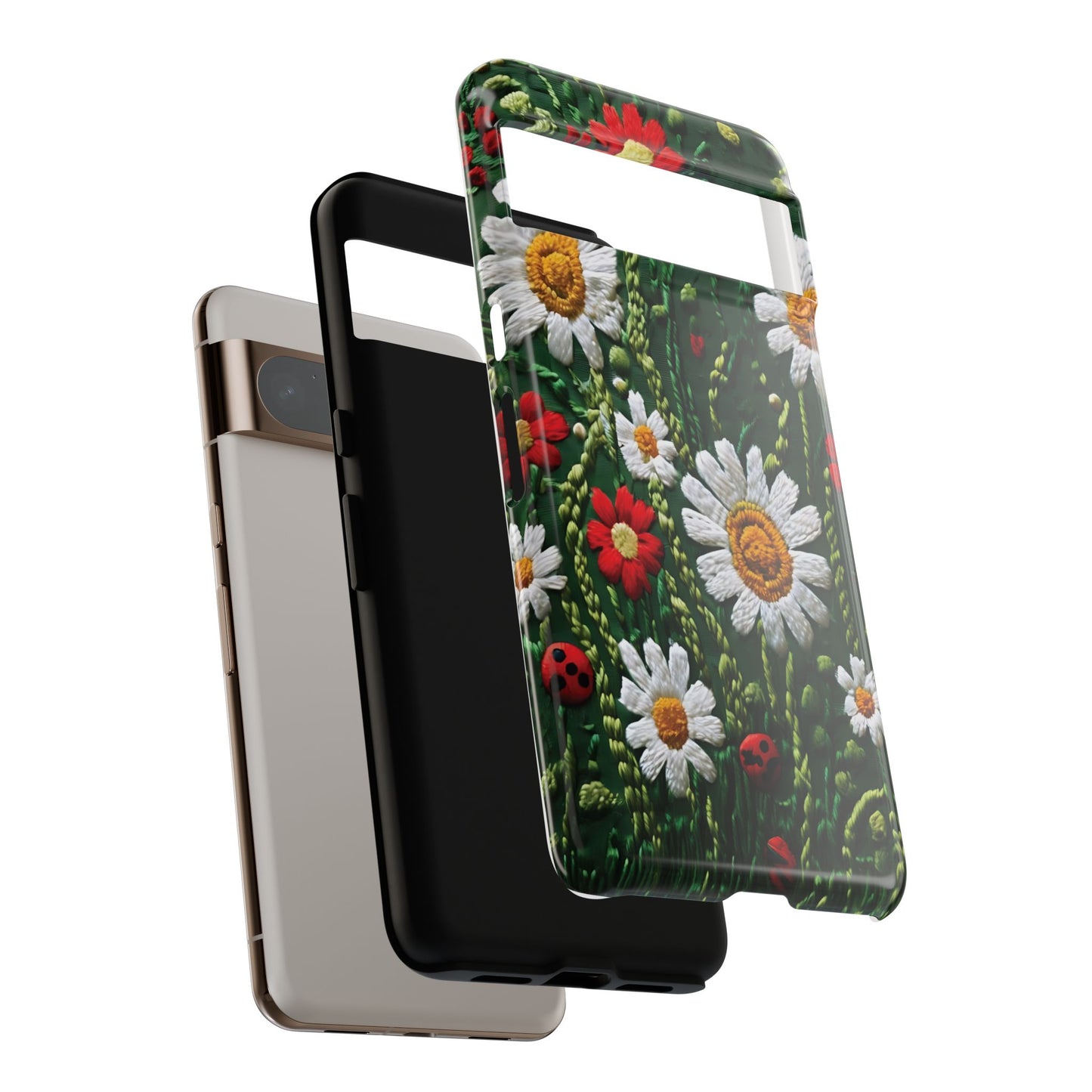 Intricate Embroidered Fabric Featuring Daisies And Ladybugs phone case design