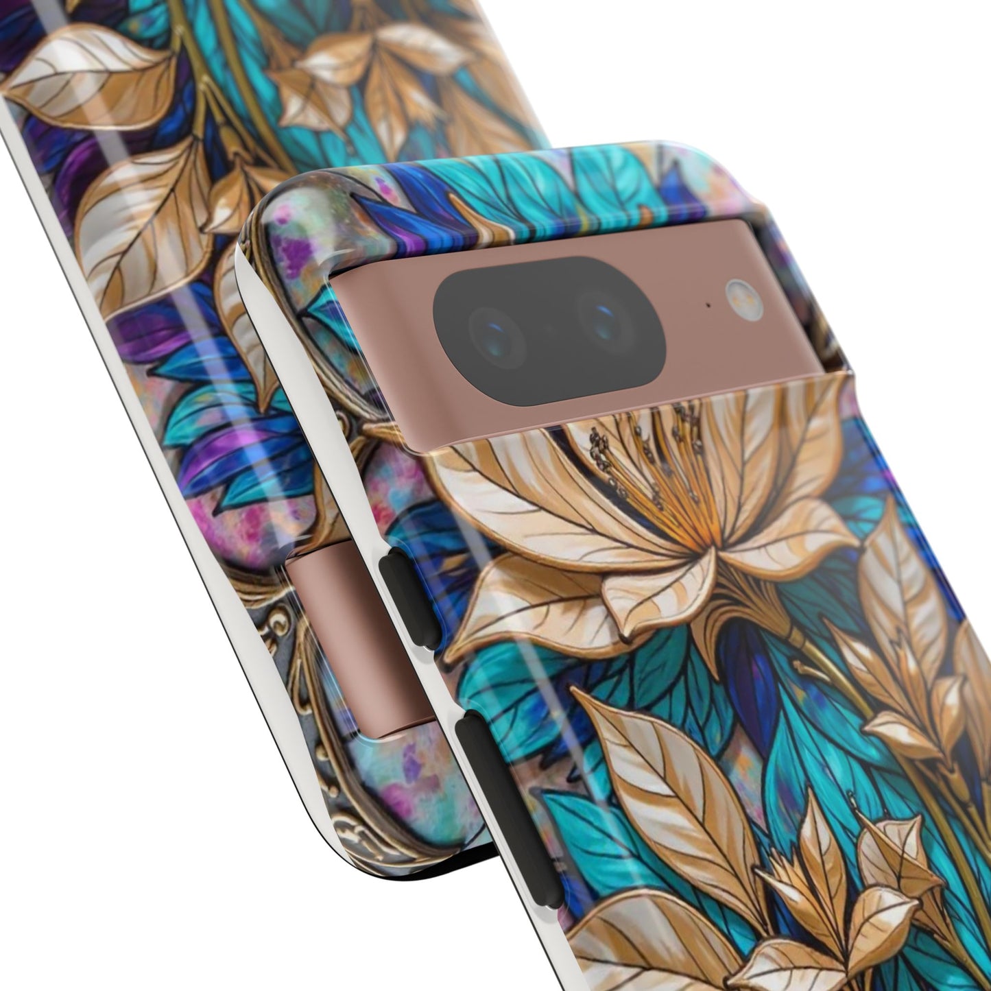 Majestic Golden Blossoms on Mosaic Blue Splendor