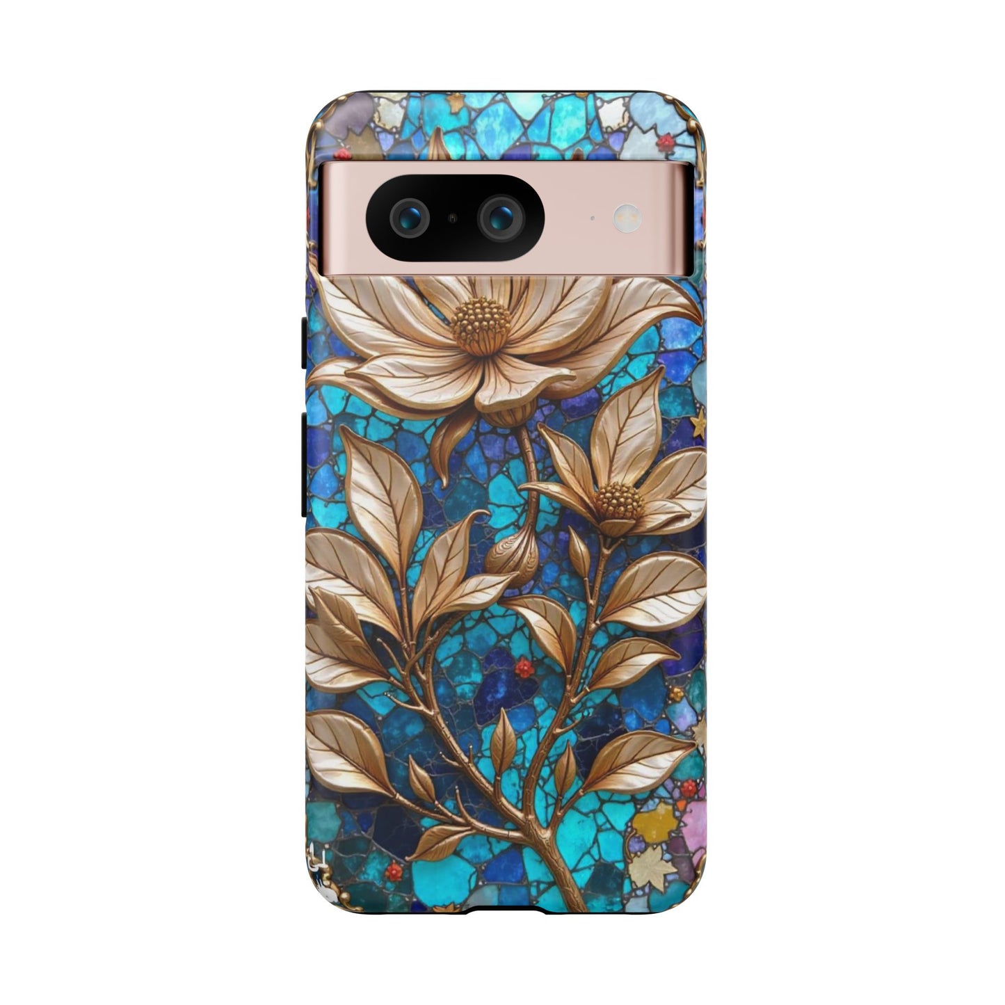 Golden Blossoms on Mosaic Blue Elegance