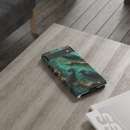 Three Black Ravens Perched On Gold-Accent Branches phone case design