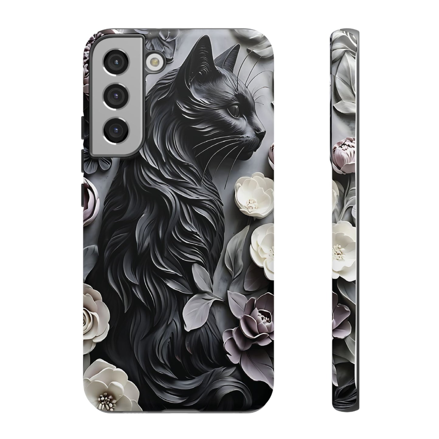 Intricate Bas-Relief Sculpture Of Black Cat Among Flowers phone case design