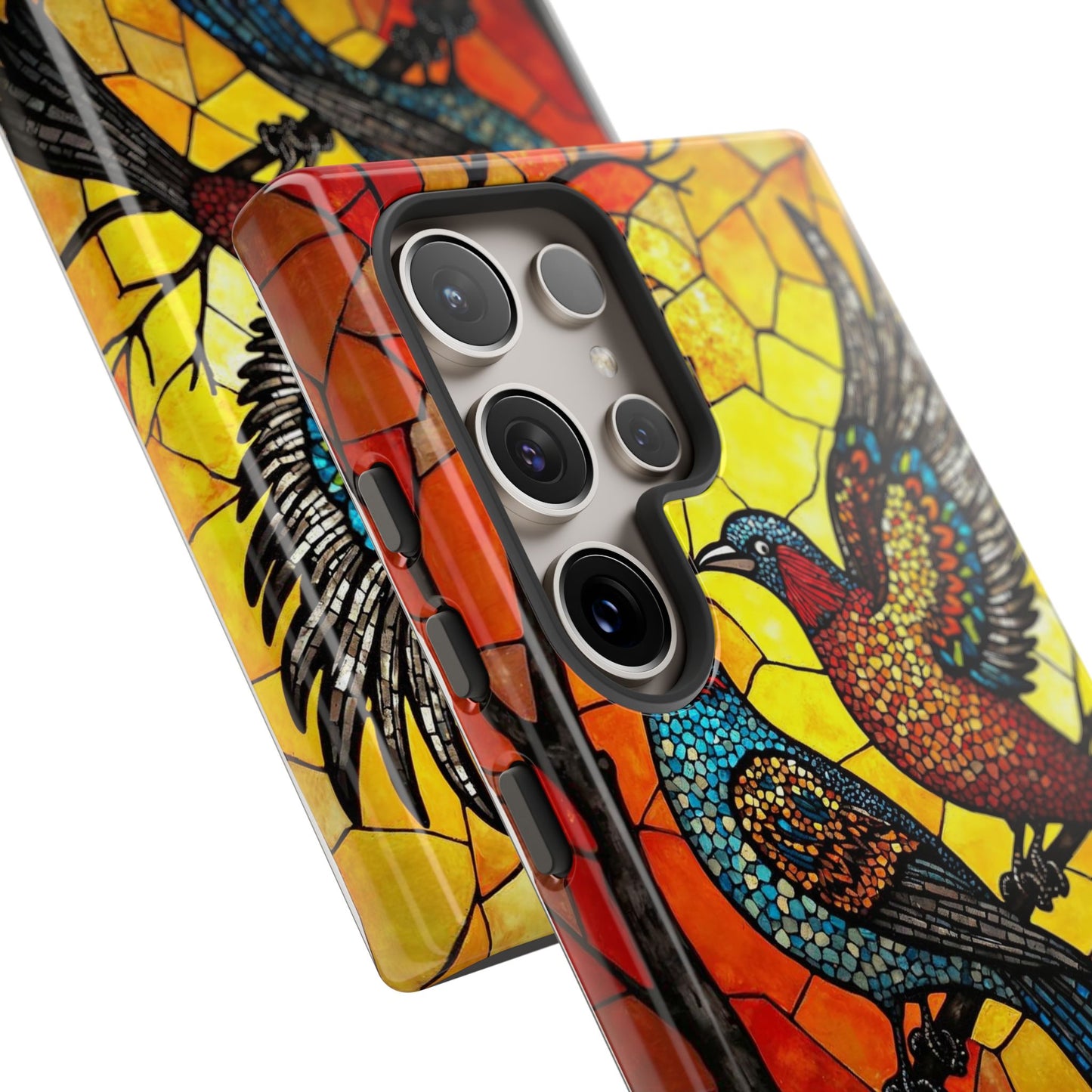 Vibrant Hummingbirds with Stained Glass Charm
