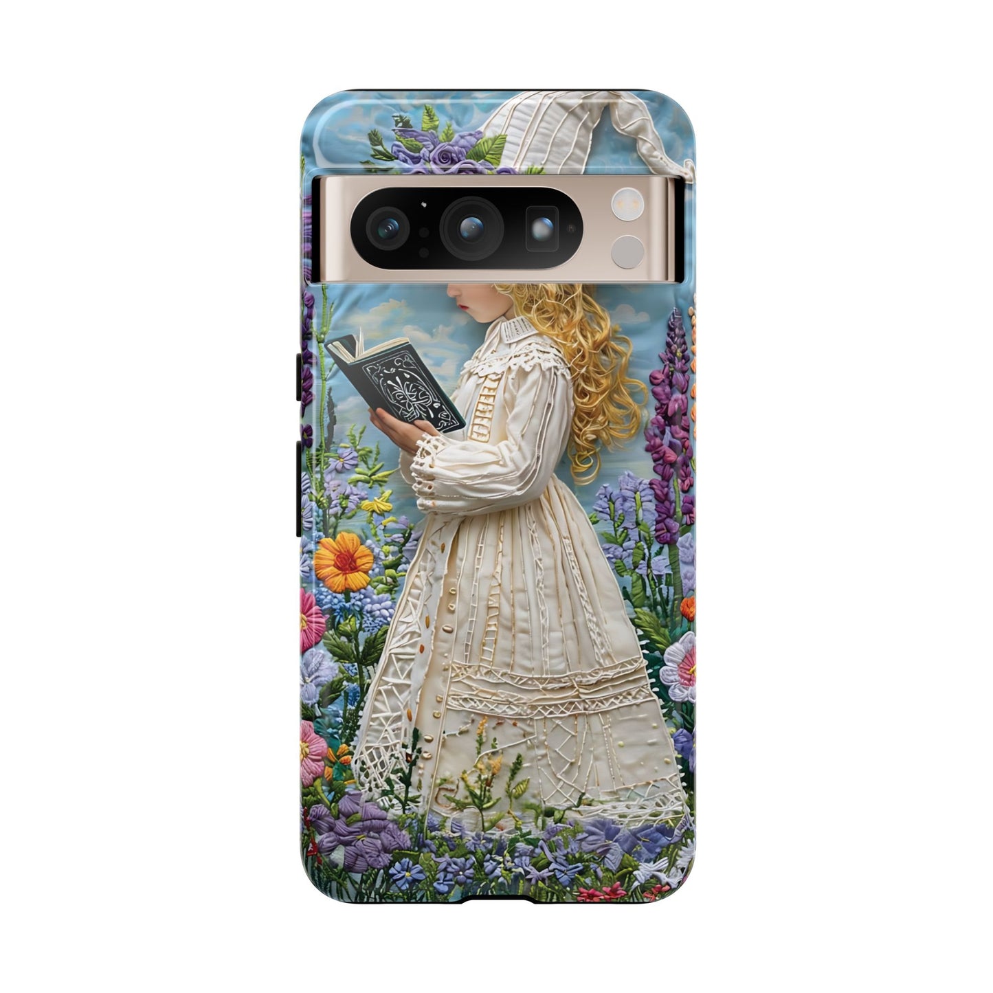 Whimsical Embroidery Of A Girl Reading In A Garden phone case design.