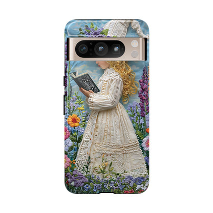Whimsical Embroidery Of A Girl Reading In A Garden phone case design.