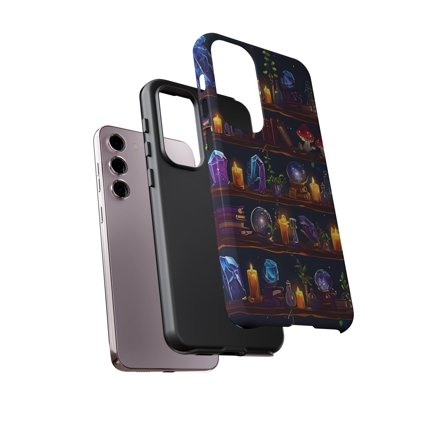 Fantasy Seamless Pattern Of Wooden Shelves Filled With Mystical Items phone case design.