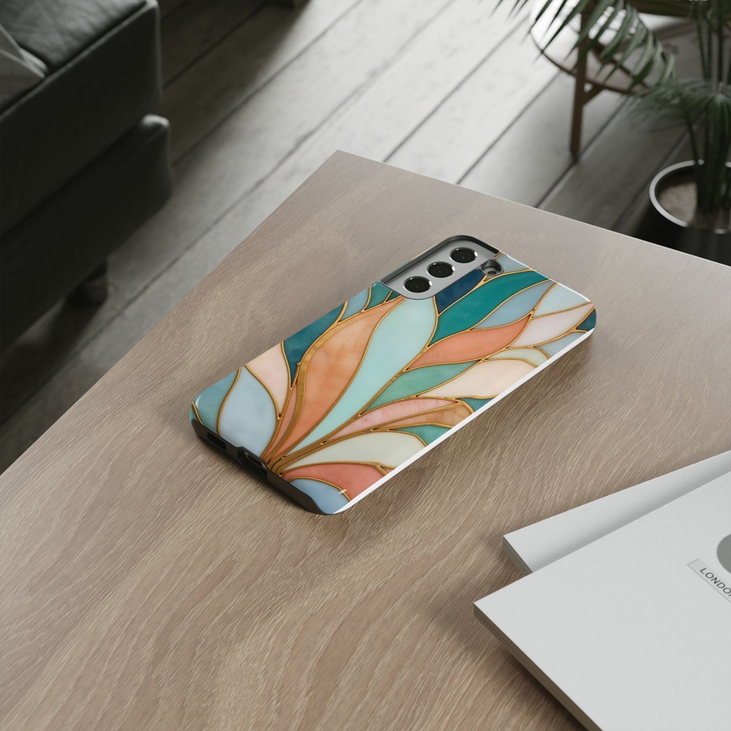 Geometric Leaves: Teal, Peach, and Gold Harmony